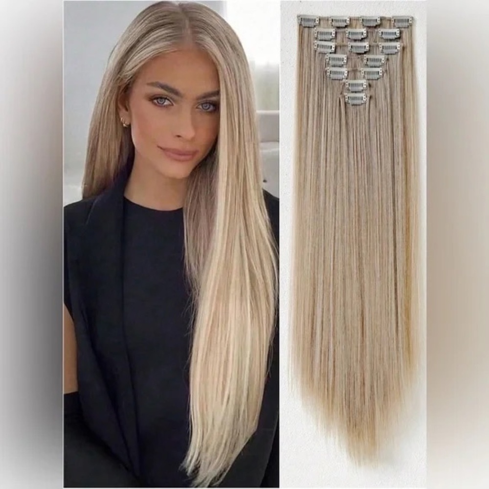 Clip in Hair Extensions Highlight 16 Clip 7 Pcs Light Blonde Straight Long Hair - Picture 6 of 8
